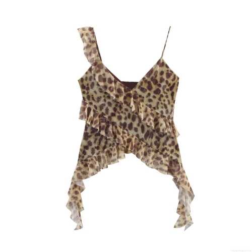 Sexy Women Ruffled Mesh Camisole Top Asymmetric Leopard Floral Print Irregular Hem Crop Tank Top For Summer Party Clubwear