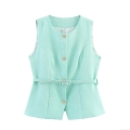 Women's Mint Green Tweed Waistcoat Round Neck Sleeveless Vest Top With Belt Elegant Gold Button Commuting Slim Fit Office Vest