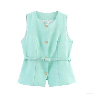 Women's Mint Green Tweed Waistcoat Round Neck Sleeveless Vest Top With Belt Elegant Gold Button Commuting Slim Fit Office Vest