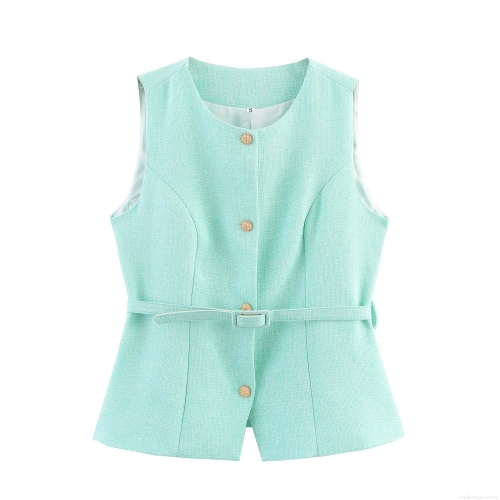 Women's Mint Green Tweed Waistcoat Round Neck Sleeveless Vest Top With Belt Elegant Gold Button Commuting Slim Fit Office Vest