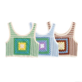 Women Crochet Knit Crop Top Retro Granny Square Sleeveless Vest Candy Color Hollow Out Boho Beach Tank Top Mori Style Knitwear