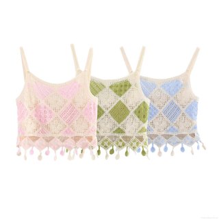 Women's Crochet Knit Sling Top Hollow Diamond Lattice Camisole With Tassel Pompoms Bohemian Style Summer Short Knit Vest
