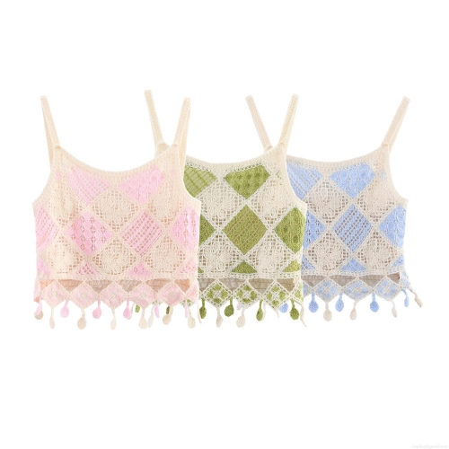 Women's Crochet Knit Sling Top Hollow Diamond Lattice Camisole With Tassel Pompoms Bohemian Style Summer Short Knit Vest