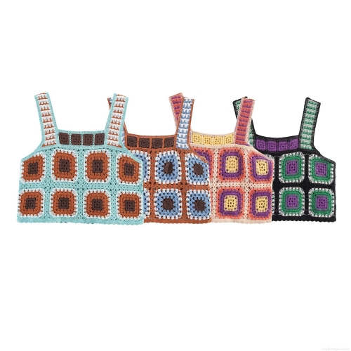 Women's Crochet Knit Tank Top Granny Square Bohemian Sleeveless Crop Cami For Vacation Summer Party Vintage Hollow Out Contrast Color Fashion Vest