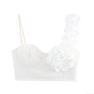 Women's Sexy 3D Stereoscopic Flower Cropped Camisole Asymmetric Single Shoulder Mesh Satin Bustier Top For Vacation Party Sweet Hot Girl Style