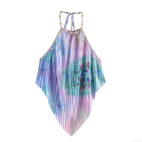 Women's Y2K Halter Neck Backless Top Pleated Oil Painting Print Camisole With Bead Decoration Sexy Sweet Spicy Summer Party Top
