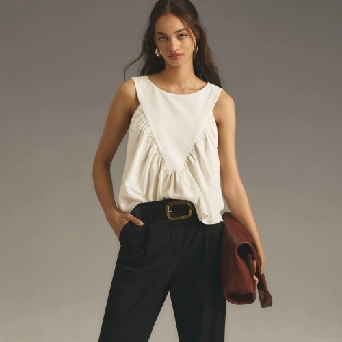 Women's Casual Sleeveless Tank Top Round Neck Pleated Stitching Polyester Summer Loose Vest Comfortable Daily Fashion Top for Women