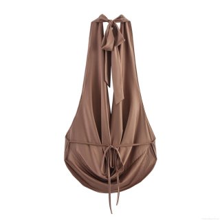 Women's Sexy Halter Neck Top Beaded Mesh Cowl Neck Camisole Backless Y2K Chic Satin Top for Music Festival Party Coffee