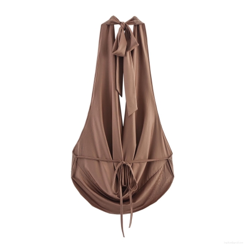 Women's Sexy Halter Neck Top Beaded Mesh Cowl Neck Camisole Backless Y2K Chic Satin Top for Music Festival Party Coffee