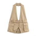 Women's Utility Khaki Halterneck Vest Top With Waist Belt Deep V-Neck Backless Sleeveless Waistcoat For Streetwear Party Summer Sexy Slim Fit Top