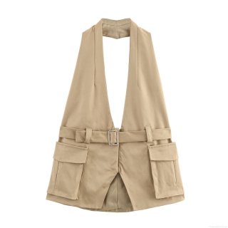 Women's Utility Khaki Halterneck Vest Top With Waist Belt Deep V-Neck Backless Sleeveless Waistcoat For Streetwear Party Summer Sexy Slim Fit Top