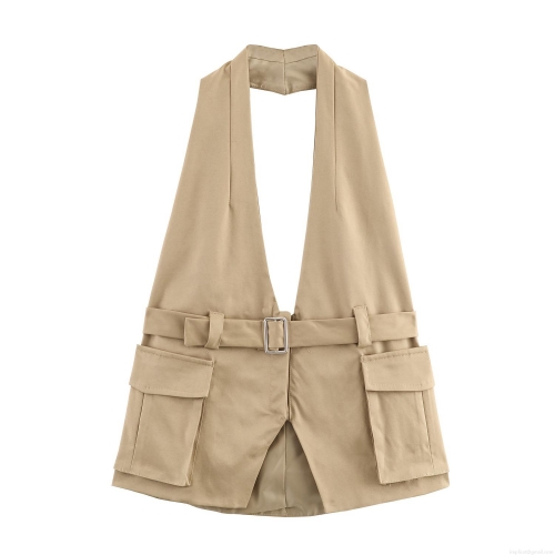Women's Utility Khaki Halterneck Vest Top With Waist Belt Deep V-Neck Backless Sleeveless Waistcoat For Streetwear Party Summer Sexy Slim Fit Top