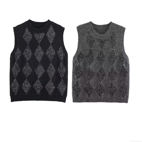 Women Sequined Argyle Knit Vest Tank Top Round Neck Sleeveless Loose Pullover Sweater Autumn Winter Casual Streetwear Fashion Knitted Waistcoat Outwear