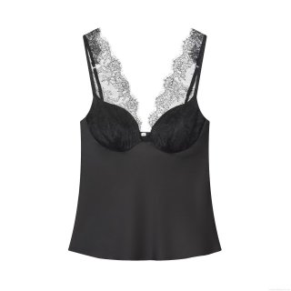 Women's Sexy Lace Patchwork Satin Cami Top V-Neck Slim Fit Adjustable Spaghetti Strap Tank Top With Chest Pad For Party Streetwear