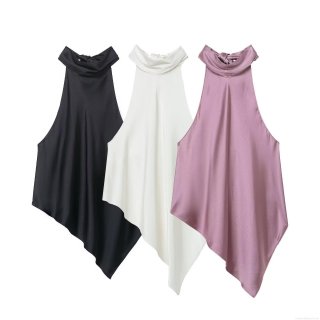 Women's Sexy Backless Asymmetric Halter Neck Satin Cami Top Sleeveless Solid Color Polyester Tank Top For Party Clubwear Streetwear Fashion