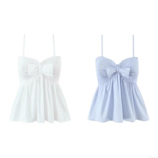 Women's Cotton Camisole Tank Top With Sweet Bow Tie Smocking Backless Ruffle Hem Sleeveless Summer Top For Beach Vacation Party Streetwear