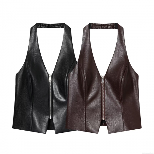 Sexy PU Leather Halter Neck Tank Top With Front Zipper Closure Summer Streetwear Sleeveless Backless Slim Fit Cami Top For Women