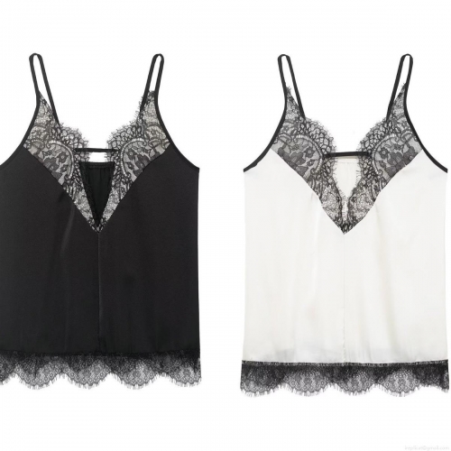 Women Sexy Summer Satin Lace Camisole Deep V-Neck Spaghetti Strap Splicing Tank Top Elegant Sleeveless Vest For Daily Streetwear Party