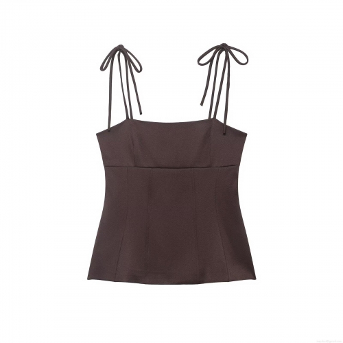 Summer Women Coffee Brown Cotton Blend Butterfly Tie Shoulder Strap Tank Top Sexy Square Neck Slim Fit Peplum Cami Top Elegant Sleeveless Streetwear Fashion