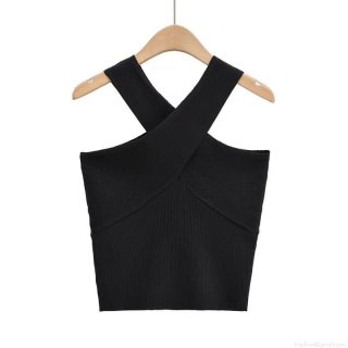 Women's Sexy Halter Neck Cross Knit Vest Summer Ribbed Slim Fit Backless Tank Top Short Sleeveless Camisole Fashion Top For Women