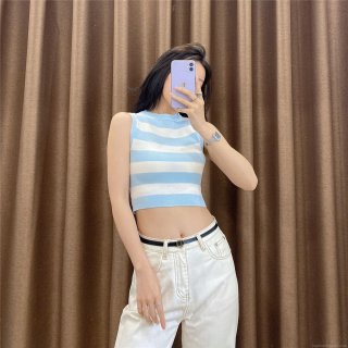 Women's Striped Knit Tank Top Slim Fit High Stretch Sleeveless Crop Top Cotton Viscose Blend Round Neck Summer Streetwear Vest for Women Girls