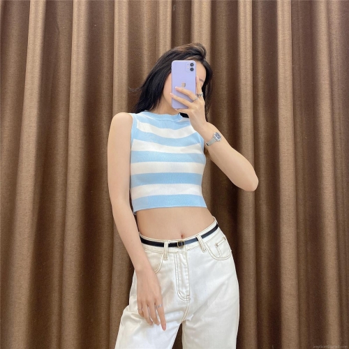 Women's Striped Knit Tank Top Slim Fit High Stretch Sleeveless Crop Top Cotton Viscose Blend Round Neck Summer Streetwear Vest for Women Girls