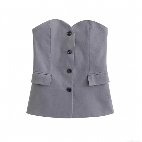 Women's Strapless Suit Vest Bandeau Tube Top Slim Fit Sleeveless Button Decor Crop Top Streetwear Sexy Waistcoat Chic Plaid Solid Color Polyester Bodice