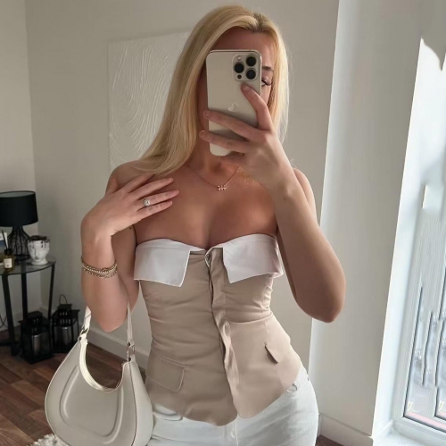 Women's Sexy Y2K Tube Top Contrast White Lapel Collar Off Shoulder Corset Top Polyester Slim Fit Streetwear Clubwear Sleeveless Bandeau Top