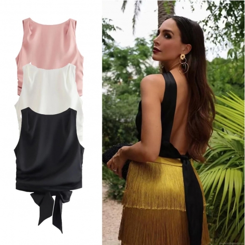 Women's Y2K Satin Backless Tank Top Sexy Bow Tie Back Sleeveless Crop Top Summer Round Neck Solid Color Pleated Blouse Party Streetwear Cami