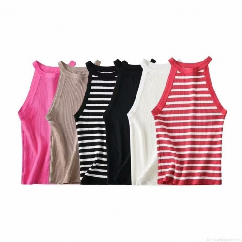 Women Y2K Ribbed Knit Halter Tank Top Sexy Slim Fit Striped Contrast Color Sleeveless Crop Top Summer Streetwear Camisole
