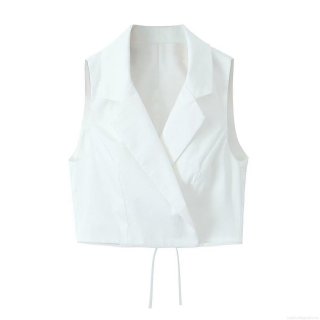 Women's Fashion Sexy Slim Fit Suit Collar Sleeveless Cropped Vest Top Summer Tie Back Hem Solid Color Polyester Waistcoat For Streetwear Casual Daily