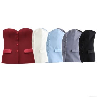 Women's Sexy Backless Tube Top Slim Fit Suit Style Strapless Vest With Buttons And Faux Pockets Casual Streetwear Polyester Top For Summer