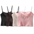 Women Sexy Satin Camisole Top Lace Trim V-Neck Bow Cropped Tank Streetwear Sleeveless Vest Summer Party Clubwear Solid Color Leopard Print Cami