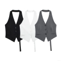 Women's Sexy Halter Neck Backless Vest Top 100% Polyester Three Button V-Neck Cropped Waistcoat Solid Color Summer Office Casual Fashion Streetwear