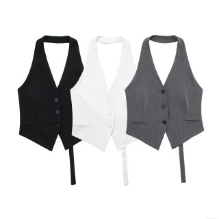 Women's Sexy Halter Neck Backless Vest Top 100% Polyester Three Button V-Neck Cropped Waistcoat Solid Color Summer Office Casual Fashion Streetwear