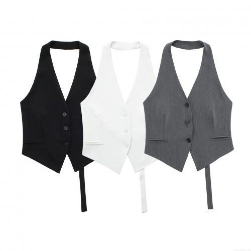 Women's Sexy Halter Neck Backless Vest Top 100% Polyester Three Button V-Neck Cropped Waistcoat Solid Color Summer Office Casual Fashion Streetwear