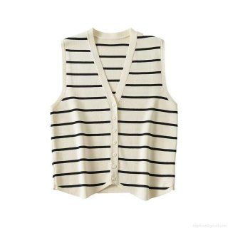 Women Y2K Knitted Striped Vest Fashion V Neck Sleeveless Button Up Waistcoat Summer Casual Streetwear Tank Top Knitwear For Women