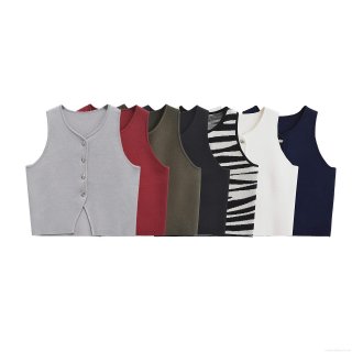 Women V Neck Knitted Vest Single Breasted Short Camisole Slim Fit Sleeveless Crop Top With Metal Buttons Solid Zebra Pattern Streetwear Fashion Knitwear For Summer Spring