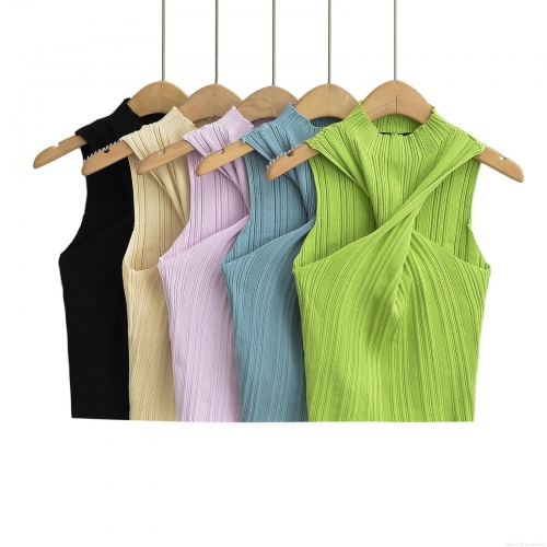Women Sexy Ribbed Knit Tank Top Halter Twist Knot Crop Top Summer Spicy Girl Sleeveless Slim Fit Stretch Pullover Outer Wear Cami Top