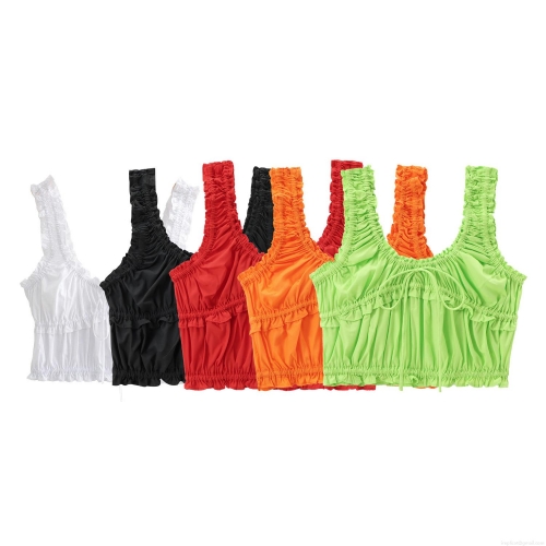 Women's Summer Ruffle Smocked Camisole Top Tie-Front Bow Crop Tank Top Sleeveless Shirred Short Streetwear Casual Solid Color Vest