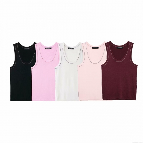 Women's Casual Ribbed Knit Tank Top Slim Fit Contrast Color Stitching Trim Sleeveless U-Neck Street Style Autumn Inner Layering Top For Women Clothing