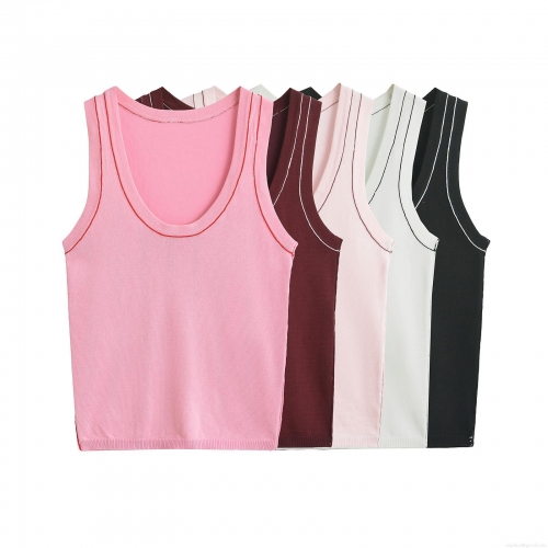 Women's Contrast Trim Knitted Tank Top Sleeveless Slim Fit U-Neck Casual Camisole Minimalist Streetwear Summer Autumn Vest Top for Women