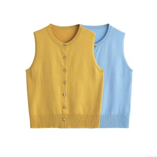 Women Knit Vest Mercerized Cotton Solid Color V-Neck Cardigan With Gold Irregular Buttons Sleeveless Knitted Waistcoat For Daily Streetwear Autumn Tops
