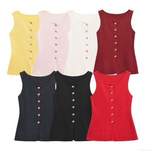 Women's Knitted Vest Mercerized Cotton Sleeveless Round Neck Button Front Slim Fit Solid Color Casual Streetwear Waistcoat Tank Top