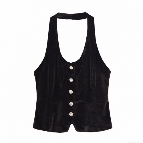 Women's Fashion Black Velvet Halter Neck Tank Top Sexy Slim Fit Sleeveless Crop Top With Rhinestone Buttons Party Streetwear Clubwear