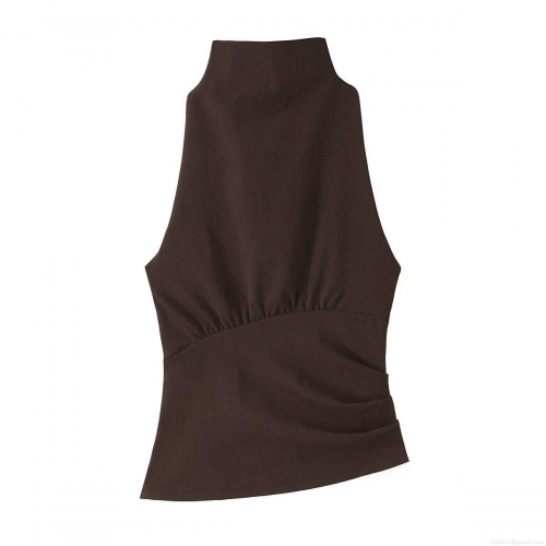 Women's Sexy Backless Halter Neck Sleeveless Top Ruched Slim Fit Polyester Streetwear Camisole Solid Color Dark Brown Spring Fashion Tank Top