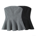 Women Sexy Strapless Tube Top Polyester Suede Fabric Peplum Hem Side Zipper Slim Fit Fishbone Design For Party Street Club European Fashion