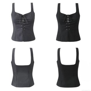 Women's Lace-up Vest Polyester Rayon Blend Square Neck Solid Color Sleeveless Short Tank Top Streetwear Fashion Slim Fit Summer Camisole