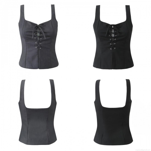 Women's Lace-up Vest Polyester Rayon Blend Square Neck Solid Color Sleeveless Short Tank Top Streetwear Fashion Slim Fit Summer Camisole