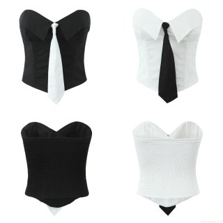 Women's Sexy Contrast Color Necktie Tube Top Strapless Smocking Back Crop Top Cotton Polyester Slim Fit Bustier Vest For Streetwear Party